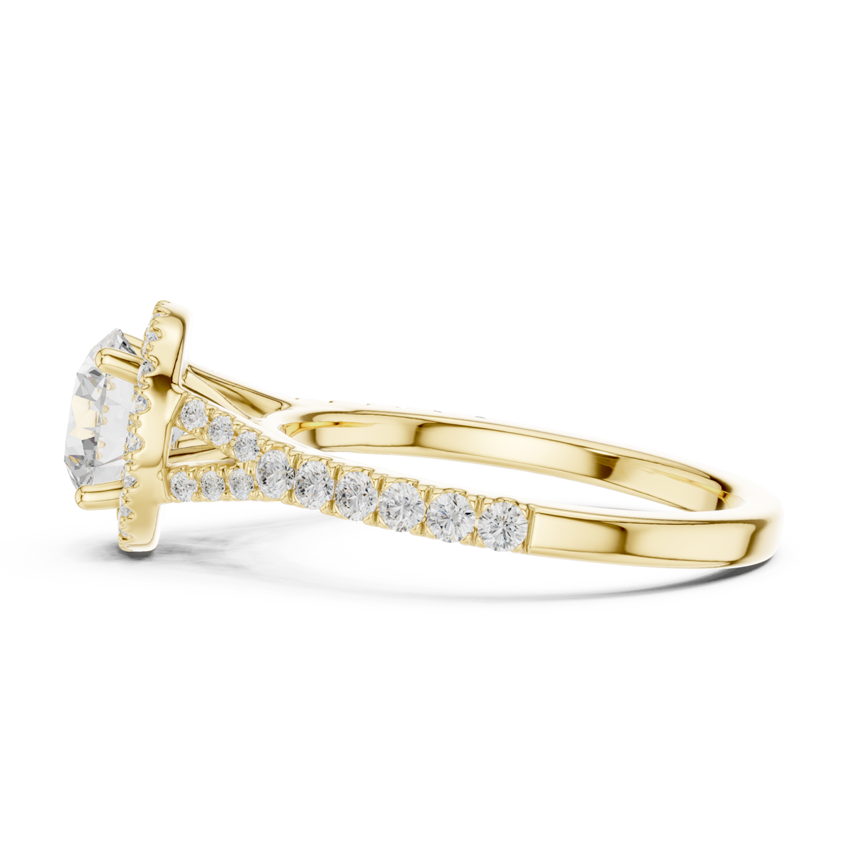 Round split bridge halo pave engagement ring yellow gold side view
