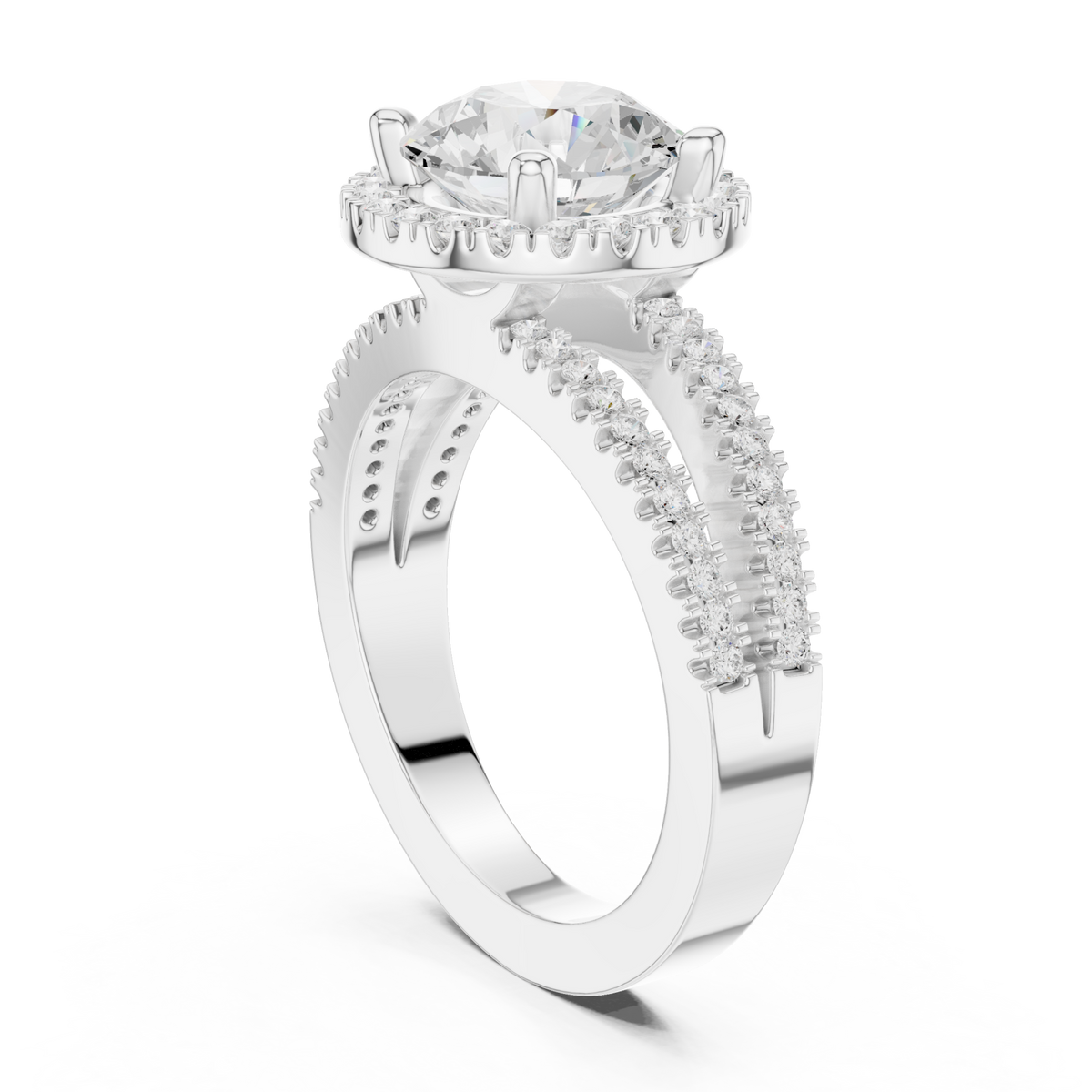Round split shank halo engagement ring white gold front view