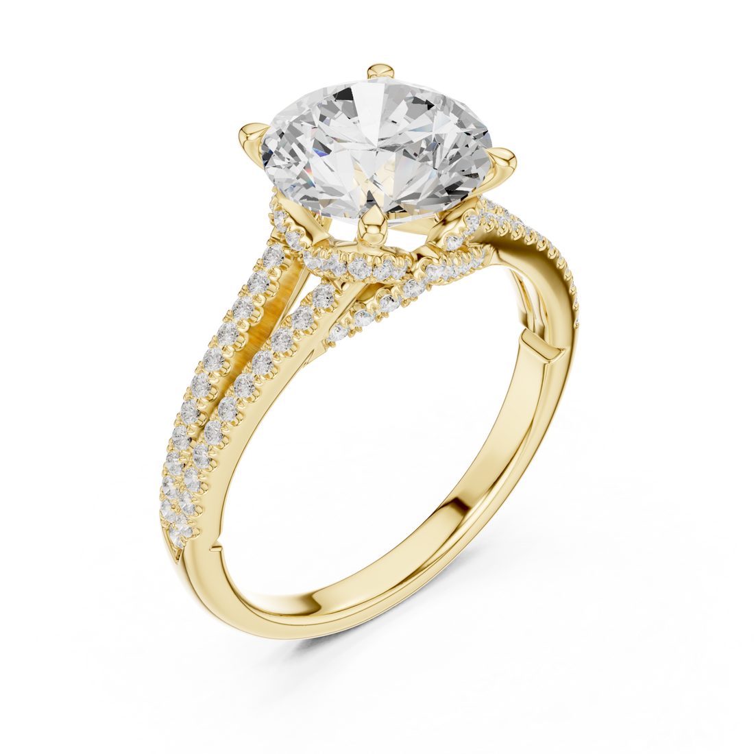 Round split shank pave engagement ring yellow gold front view