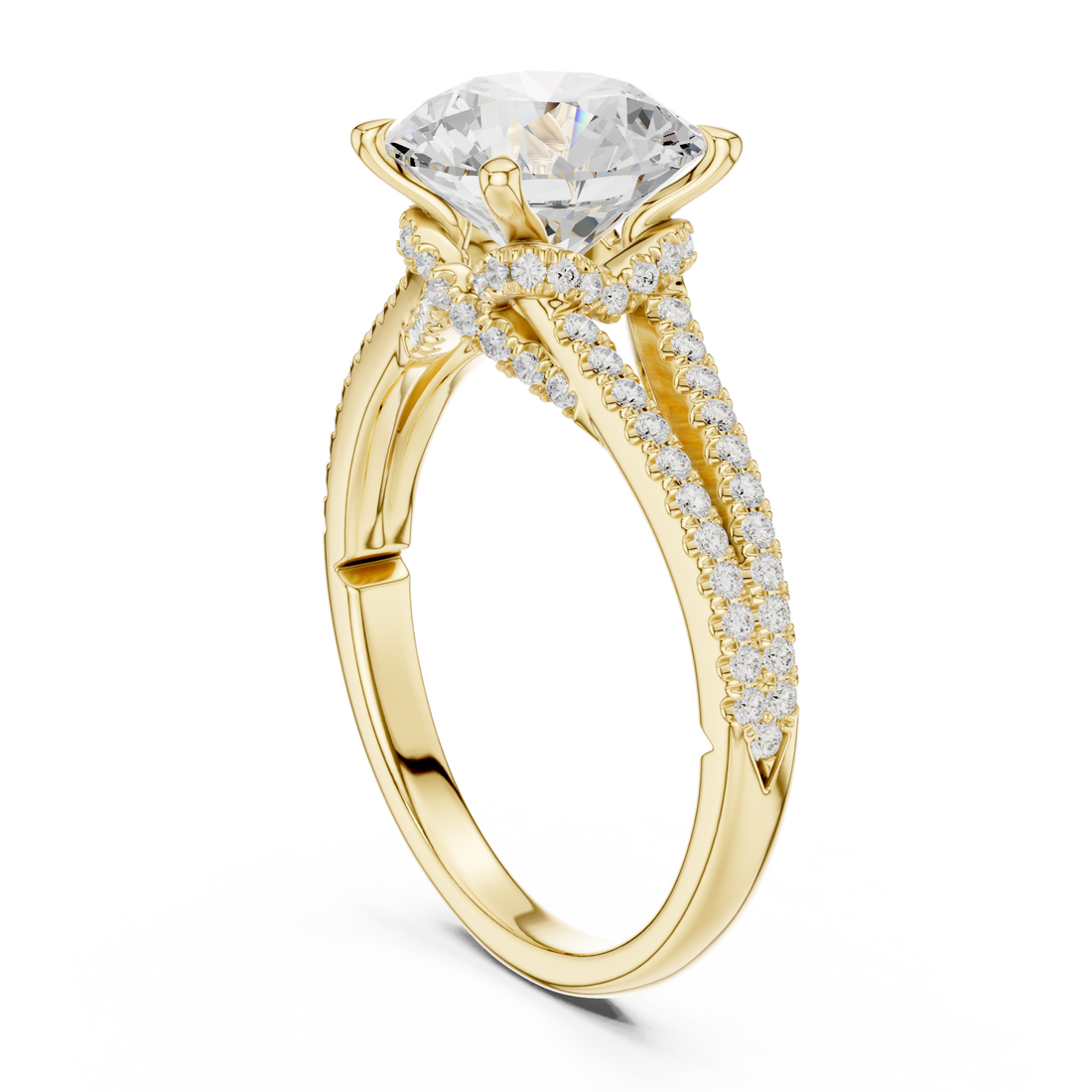 Round split shank pave engagement ring yellow gold front view