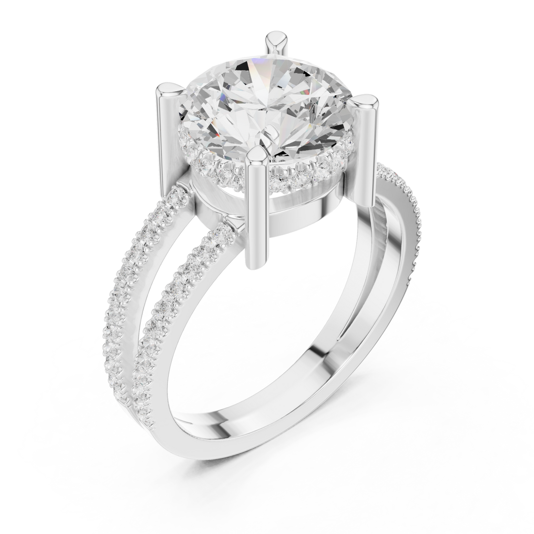 Round split shank pave solitaire engagement ring white gold front view