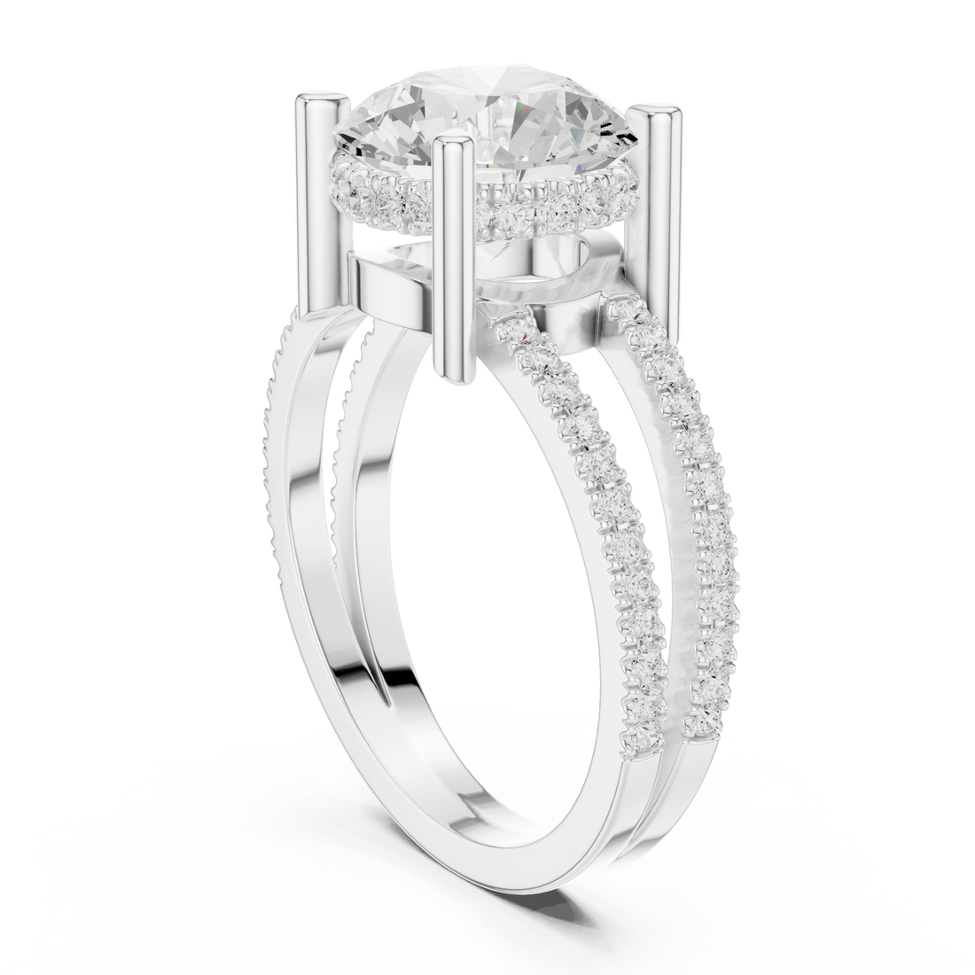 Round split shank pave solitaire engagement ring white gold front view