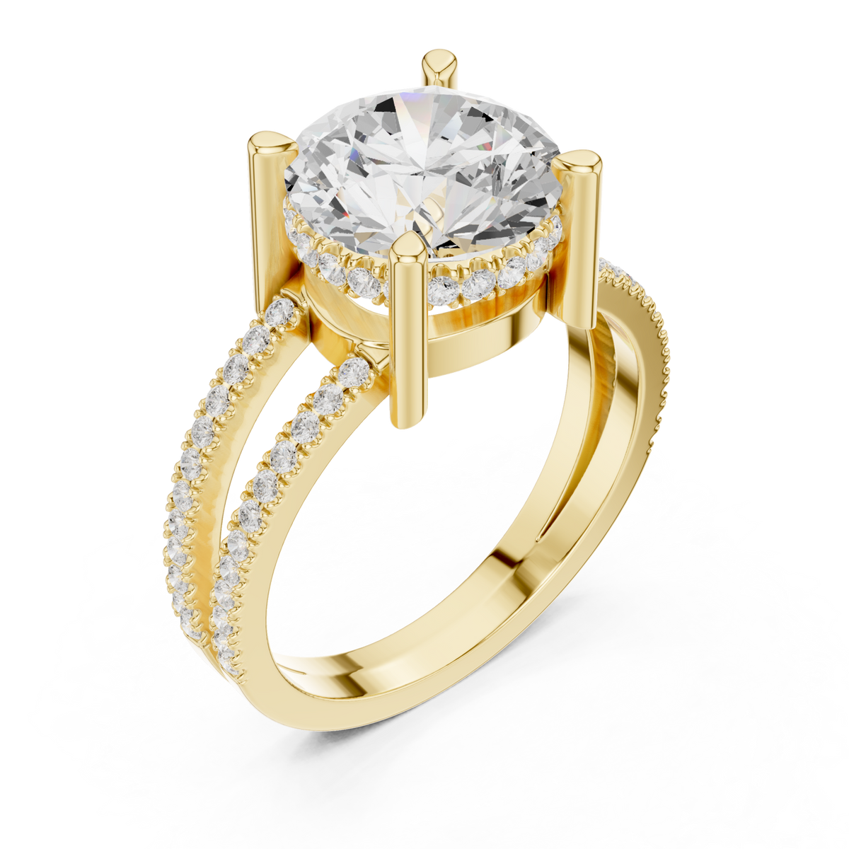 Round split shank pave solitaire engagement ring yellow gold angle view