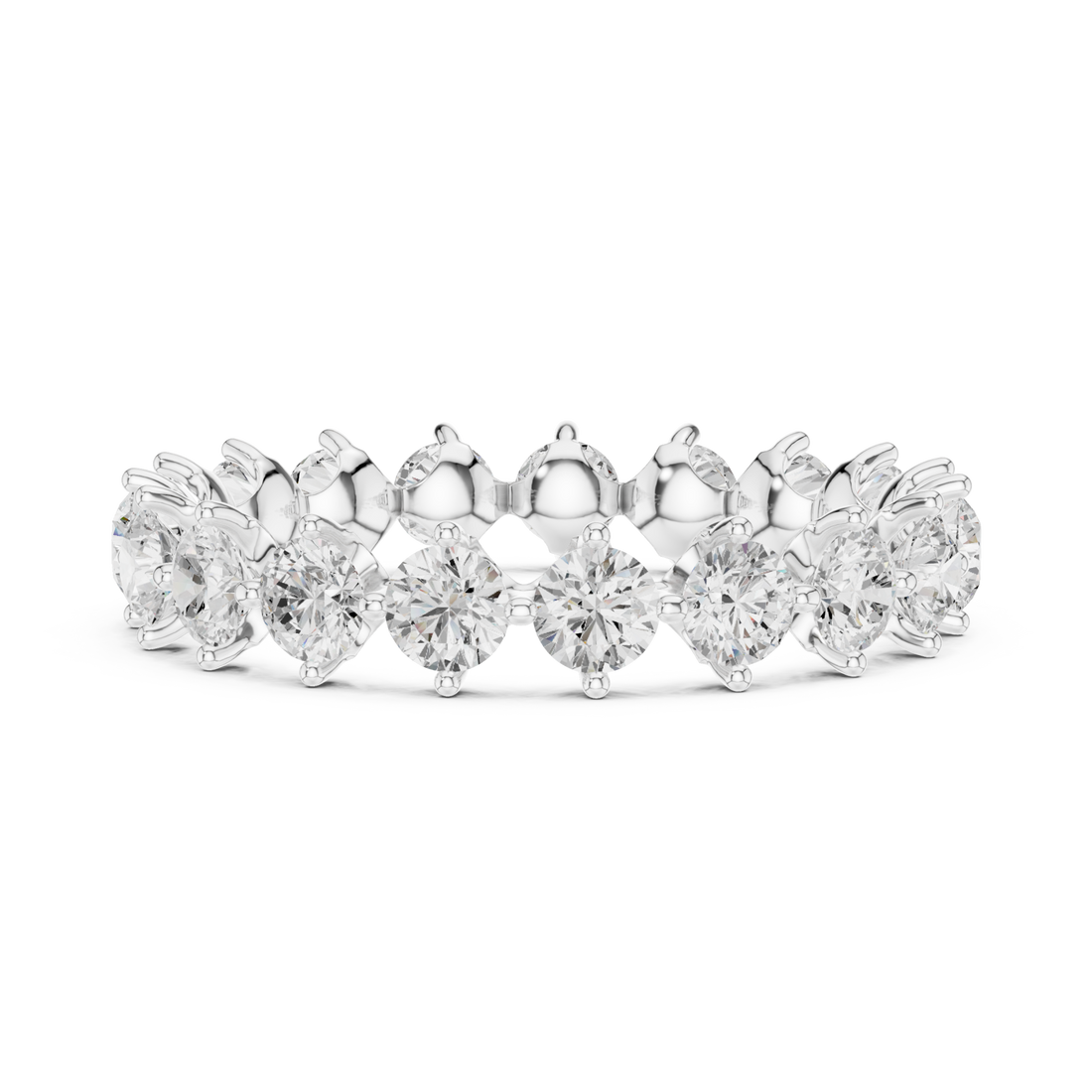 Round staggered wave eternity band white gold front view