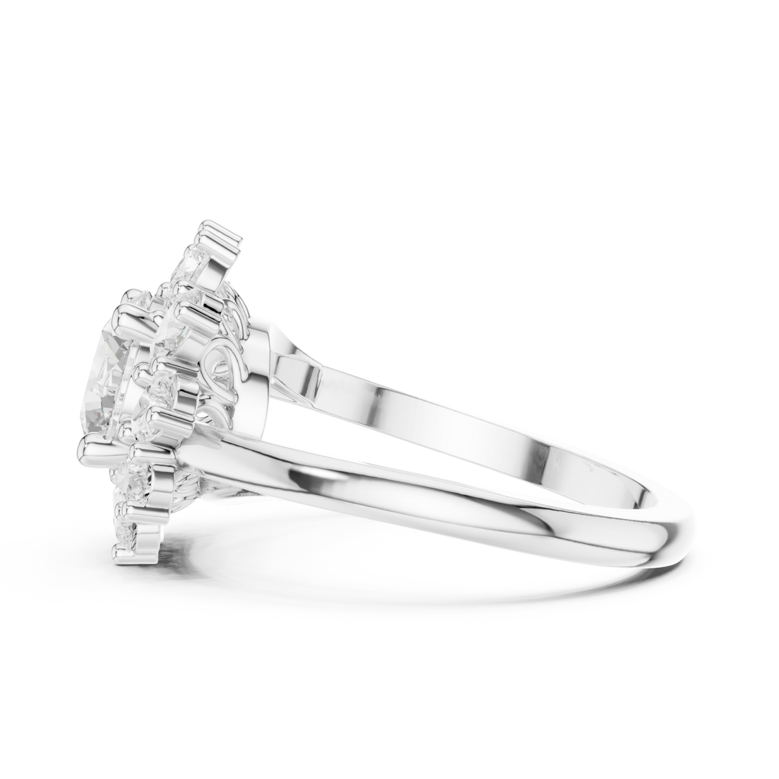 Round starburst halo ring white gold front view
