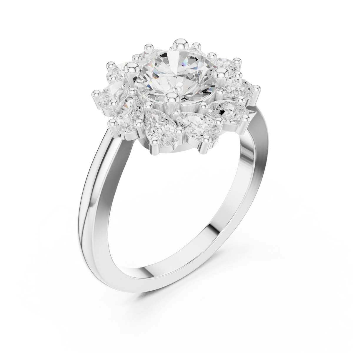 Round starburst halo ring white gold front view