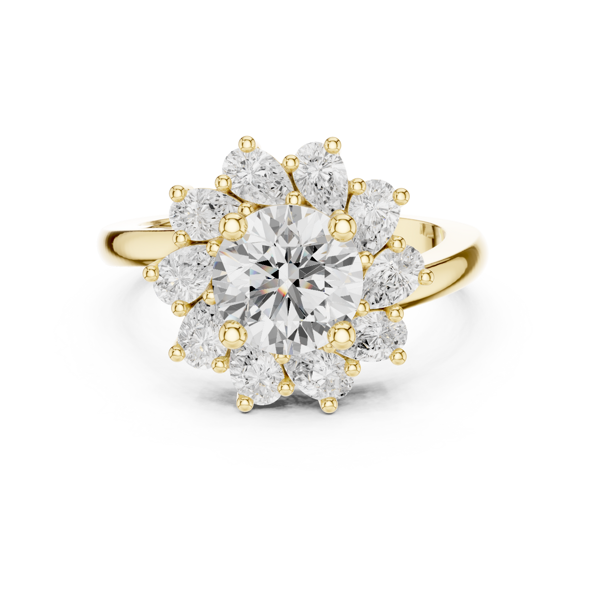 Round starburst halo ring yellow gold detail view
