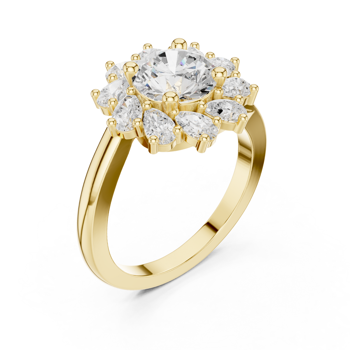 Round starburst halo ring yellow gold front view