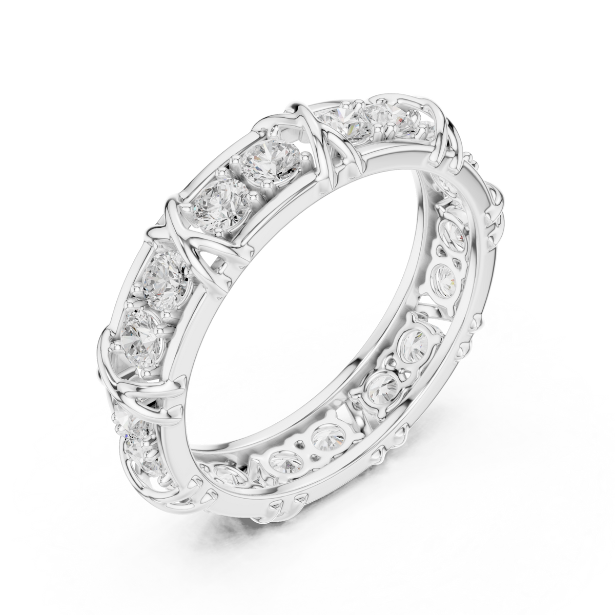 White Gold Round Station XO Eternity Band for Him Front View