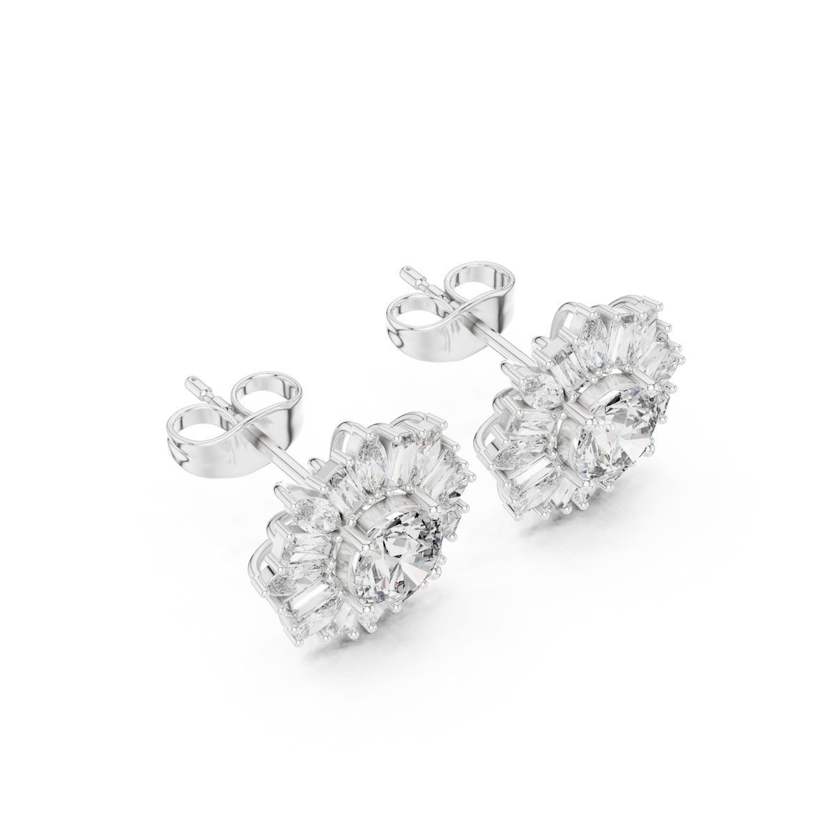  White Gold Round Sunflower Halo Studs Angle View