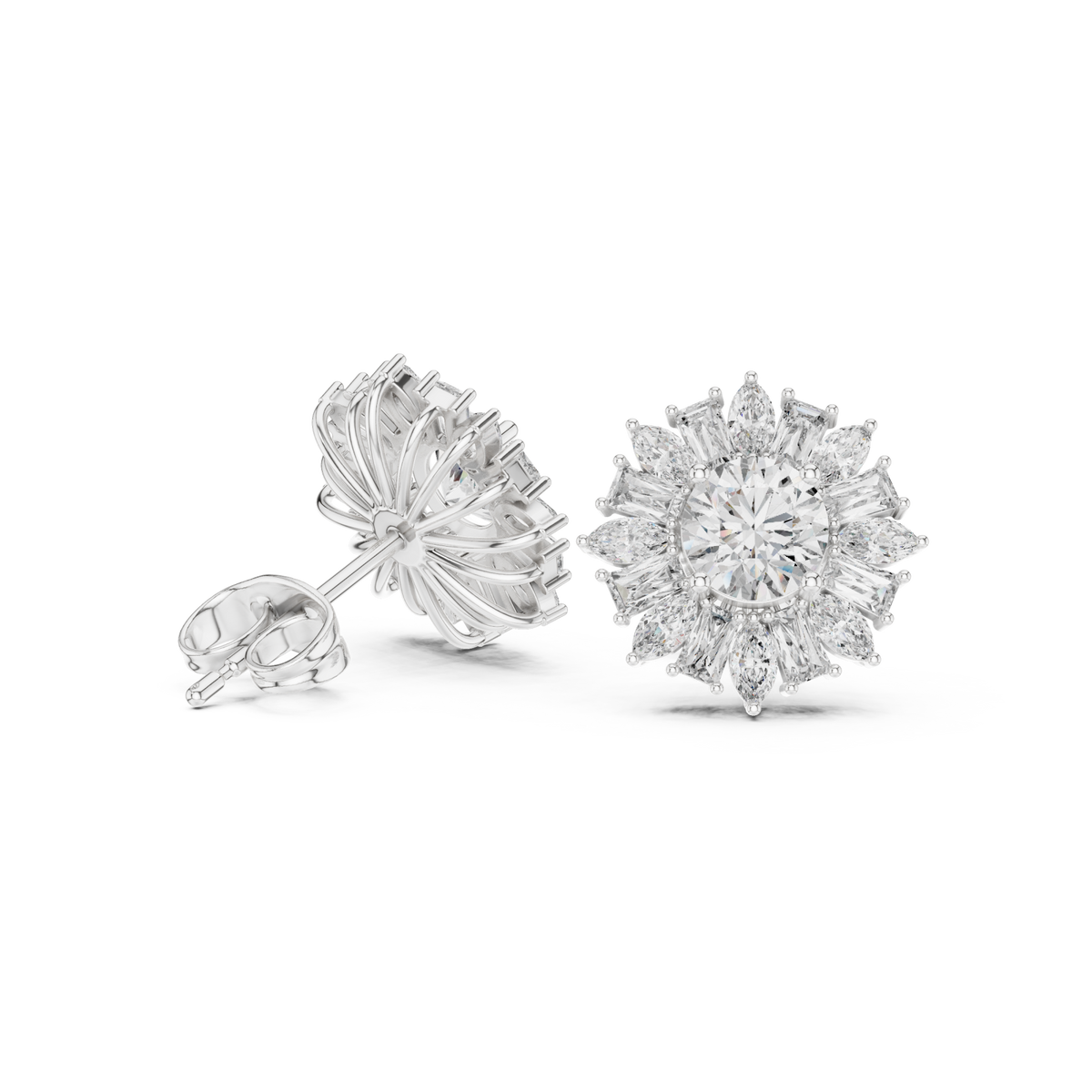  White Gold Round Sunflower Halo Studs Front View