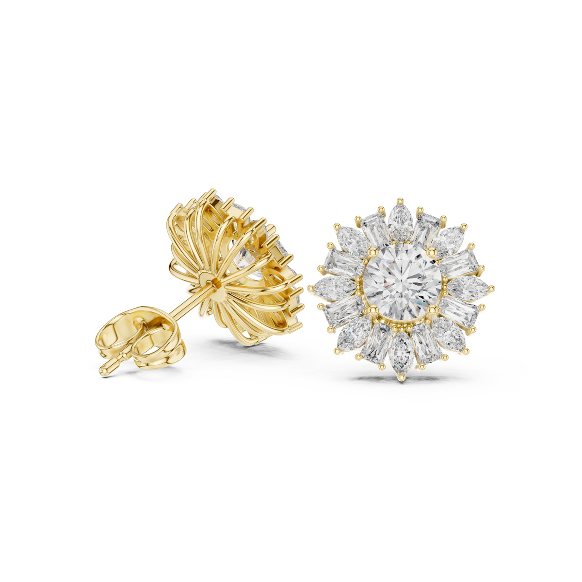 Gold Round Sunflower Halo Studs Front View