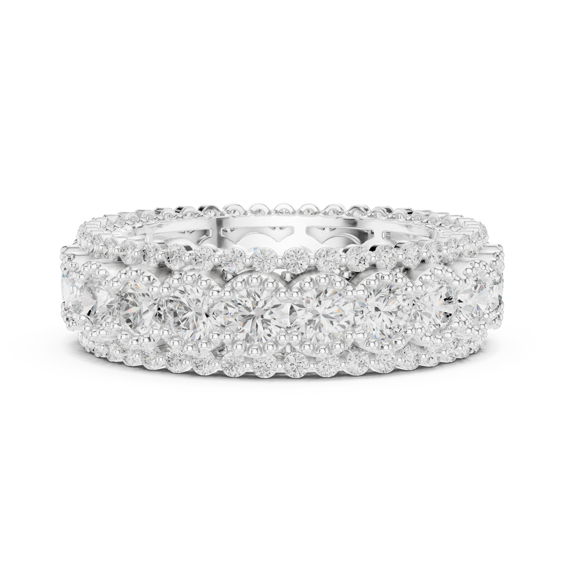 Round three-row milgrain eternity band white gold front view