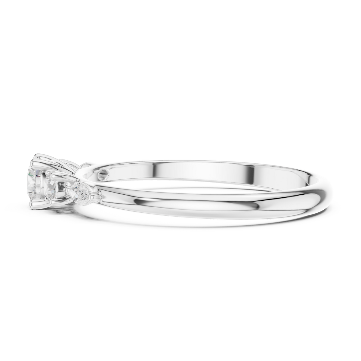 Round three stone marquise accent ring white gold angle view