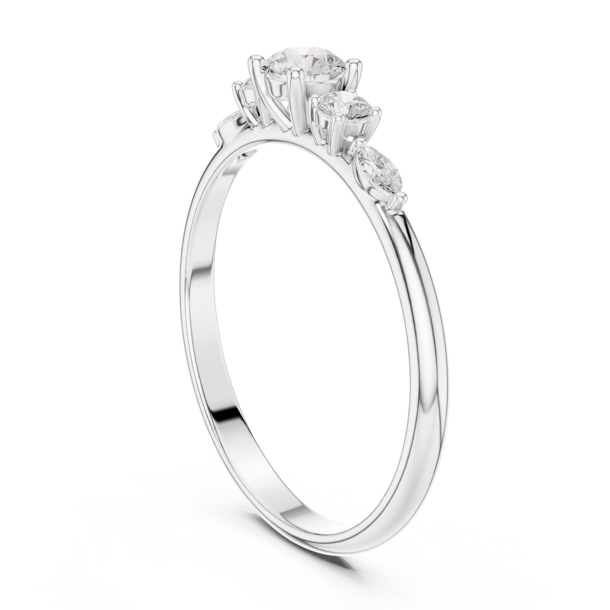 Round three stone marquise accent ring white gold side view