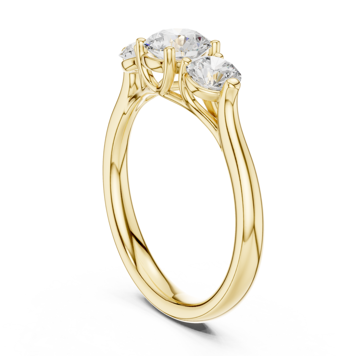 Round three stone trellis ring yellow gold side view