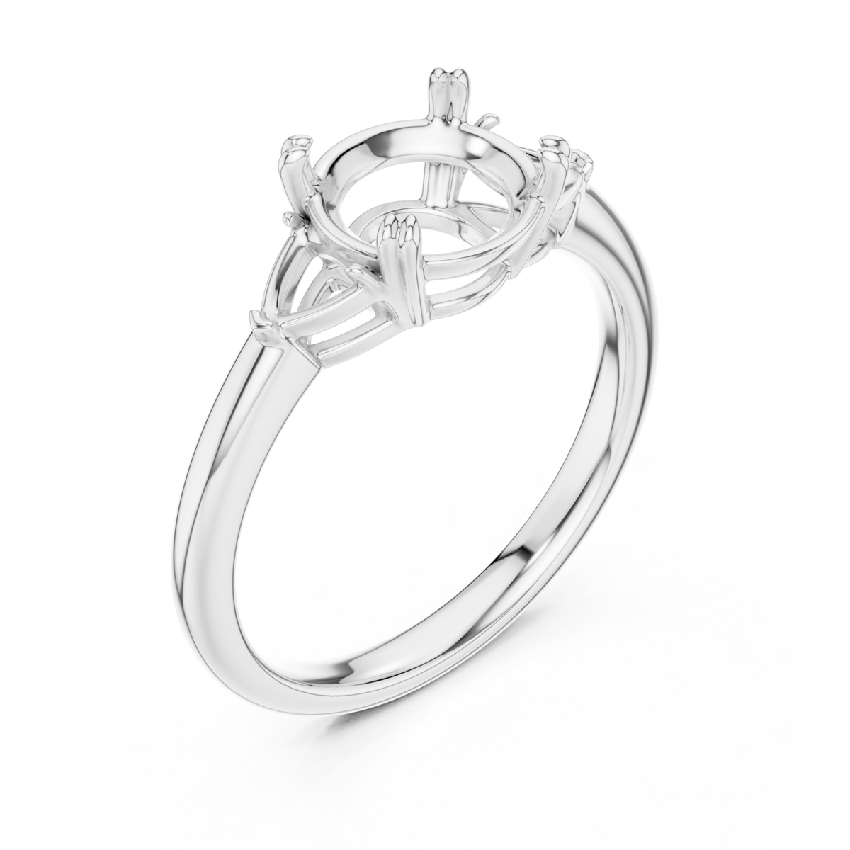 Round trillion side three stone engagement ring white gold angle view