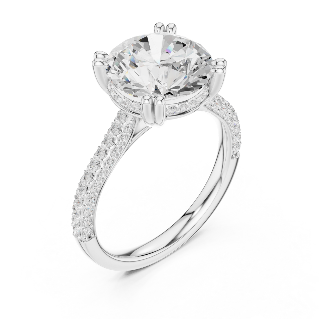 Round triple-row pave engagement ring white gold front view