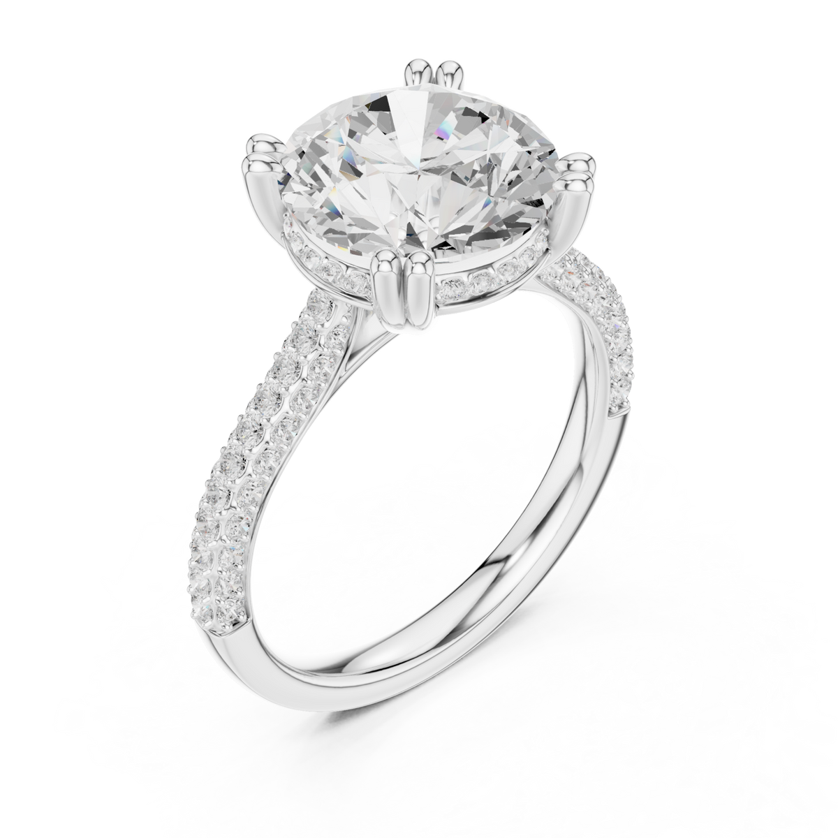Round triple-row pave engagement ring white gold angle view