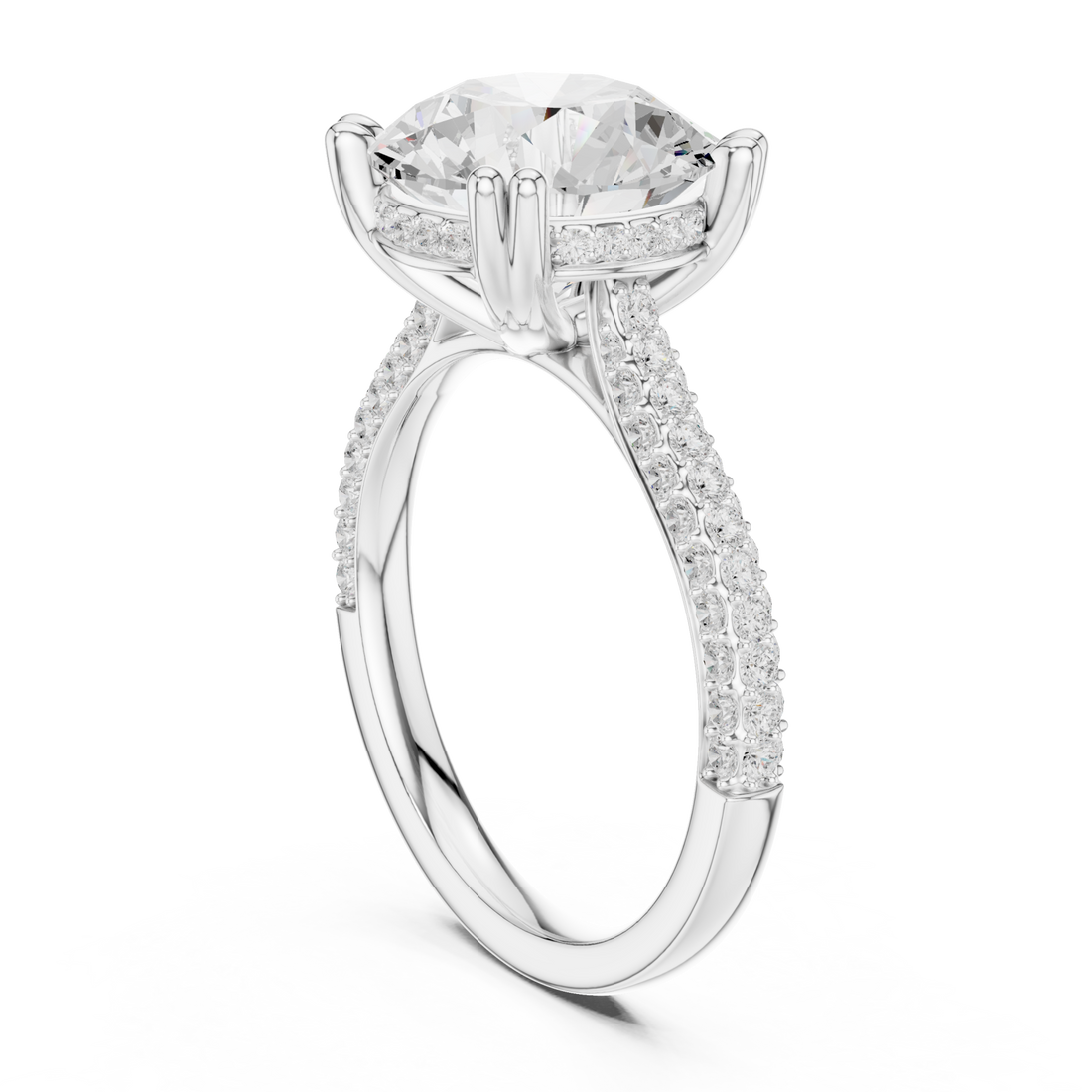 Round triple-row pave engagement ring white gold front view