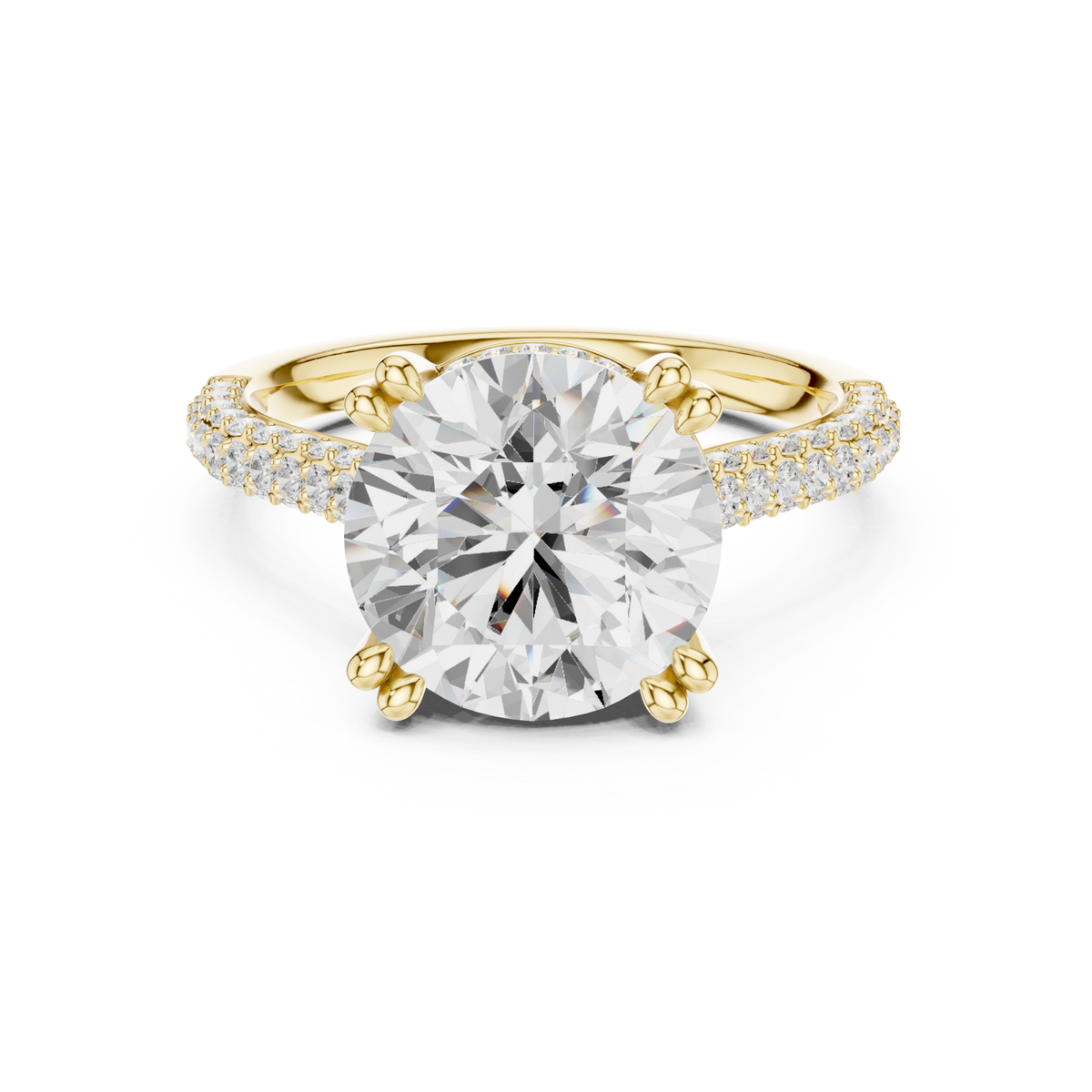 Round triple-row pave engagement ring yellow gold detail view
