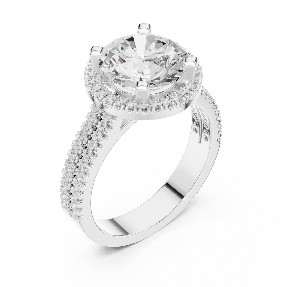 Round triple-row pave halo engagement ring white gold angle view