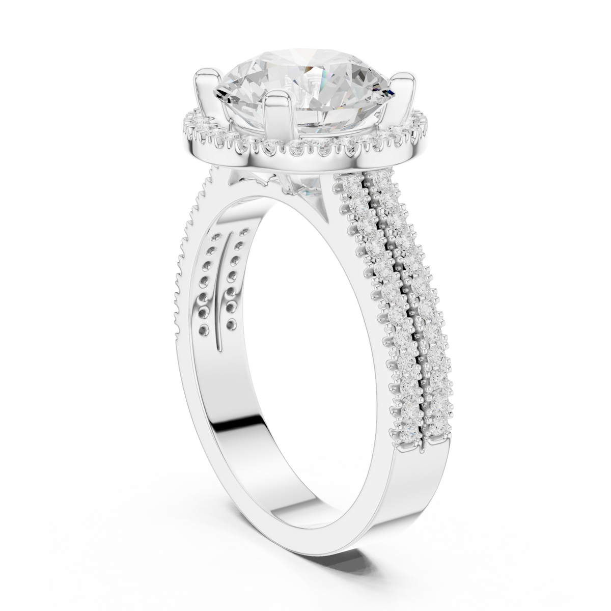 Round triple-row pave halo engagement ring white gold front view