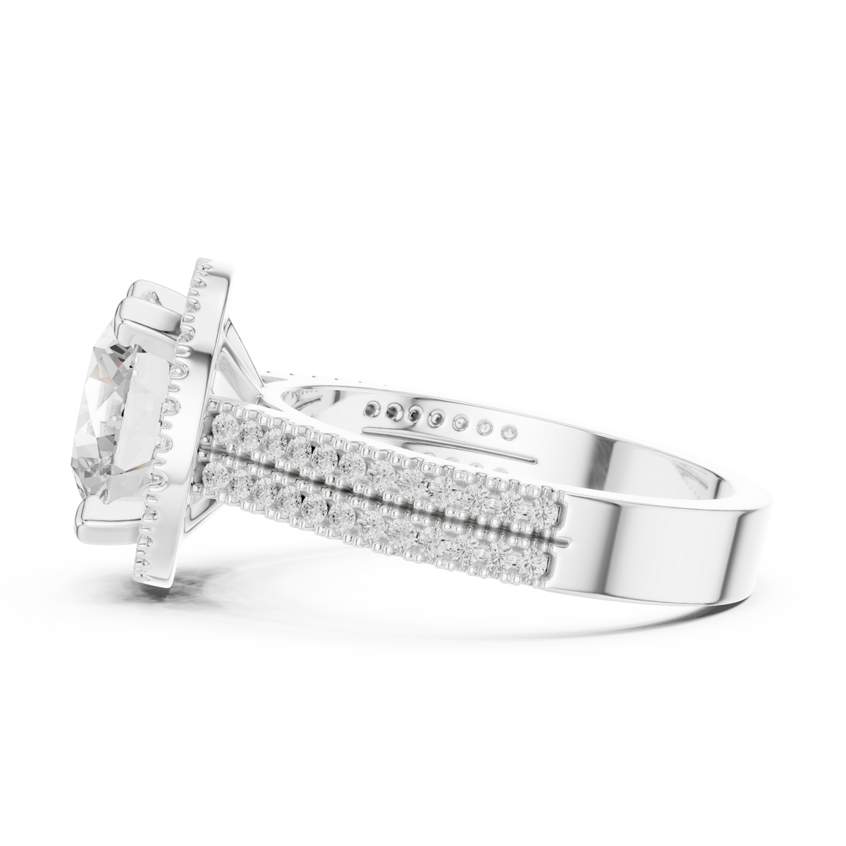 Round triple-row pave halo engagement ring white gold side view