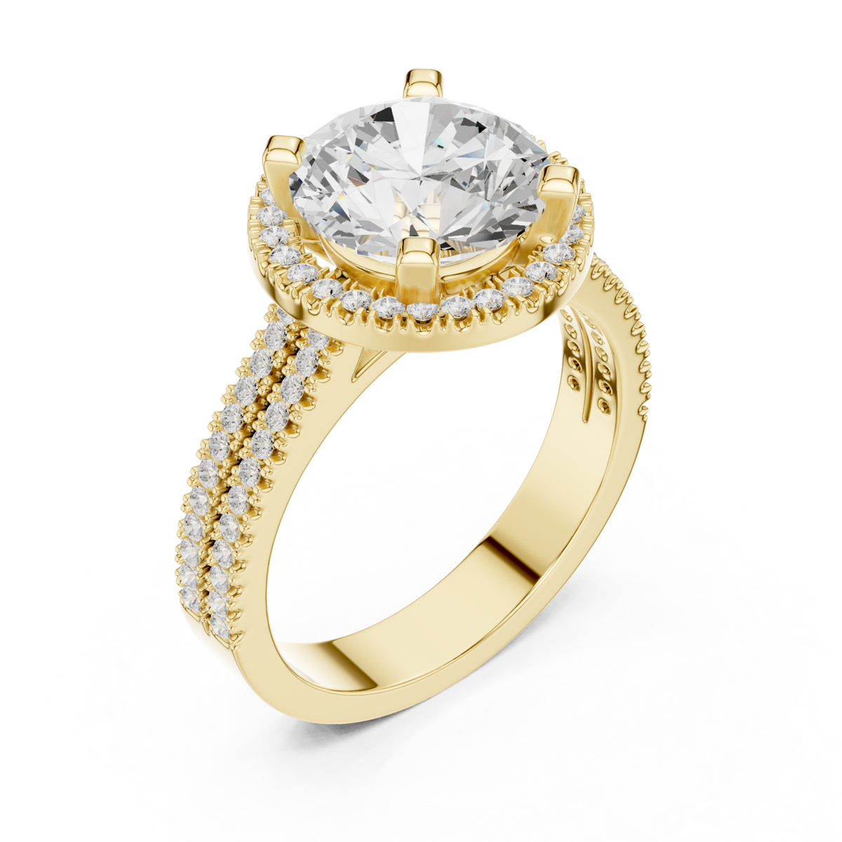 Round triple-row pave halo engagement ring yellow gold angle view