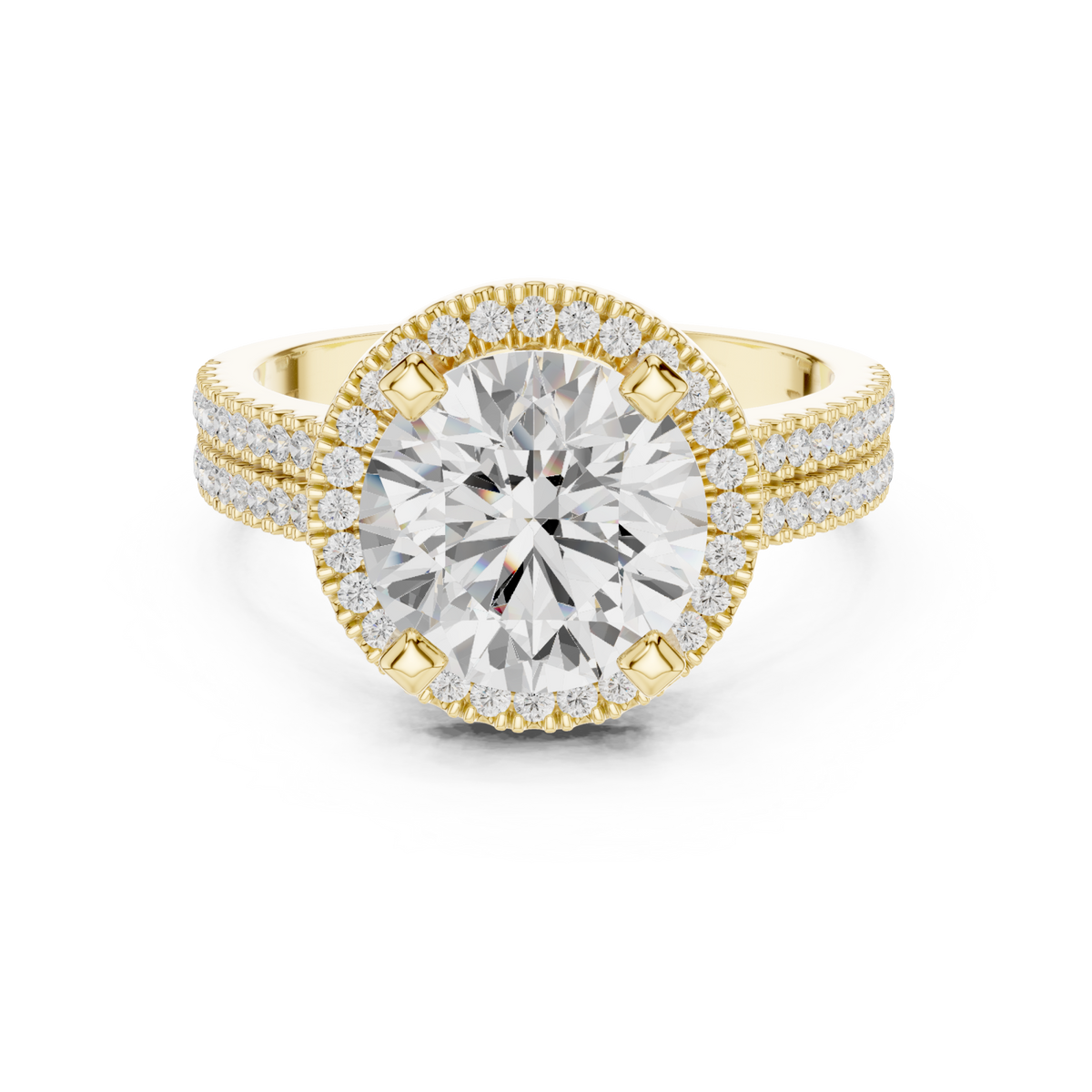 Round triple-row pave halo engagement ring yellow gold detail view