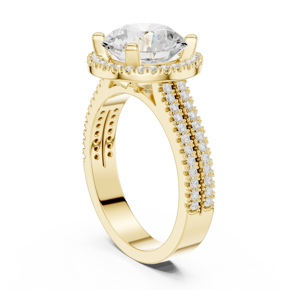 Round triple-row pave halo engagement ring yellow gold front view