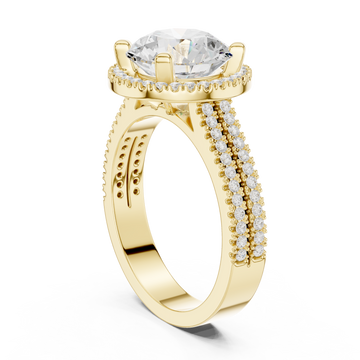 Round triple-row pave halo engagement ring yellow gold front view