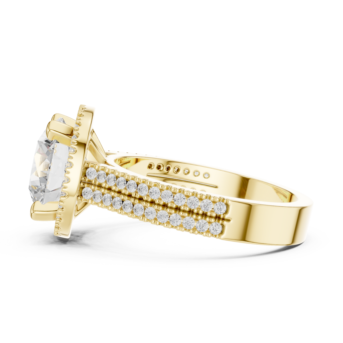 Round triple-row pave halo engagement ring yellow gold side view