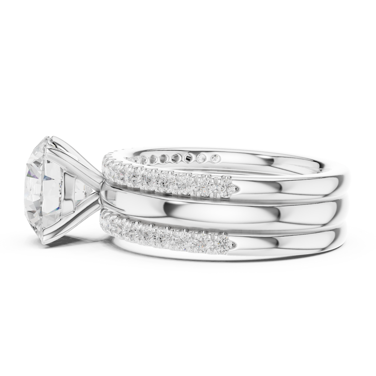 Round triple stack pave bridal set white gold side view