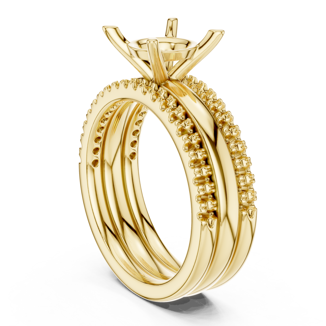 Round triple stack pave bridal set yellow gold front view