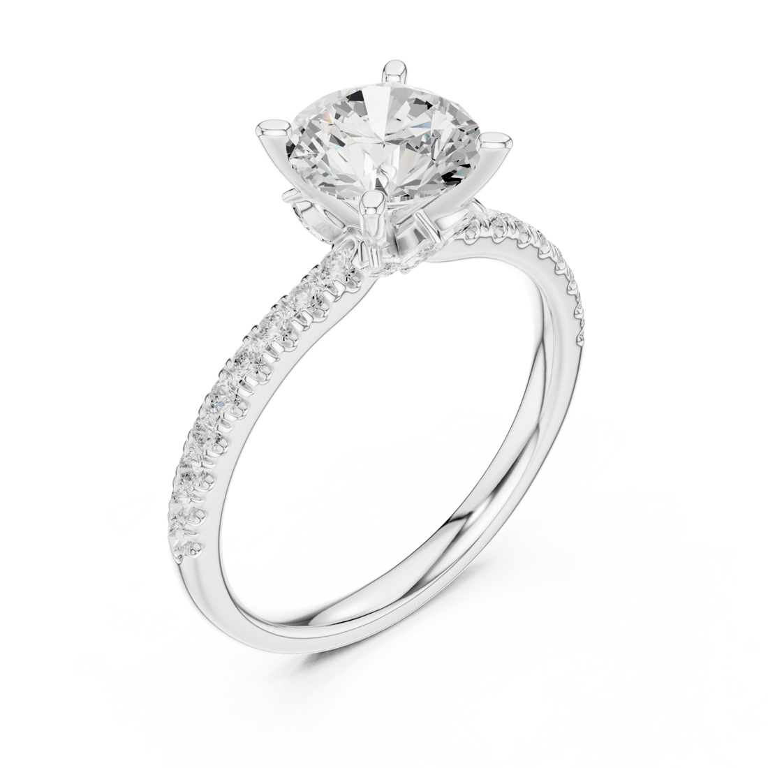 Round tulip basket pave engagement ring white gold front view
