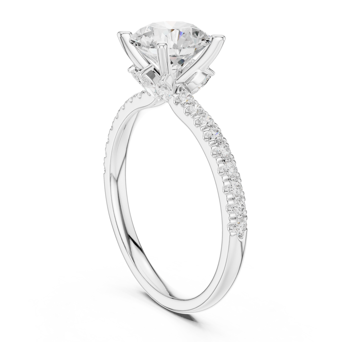 Round tulip basket pave engagement ring white gold front view
