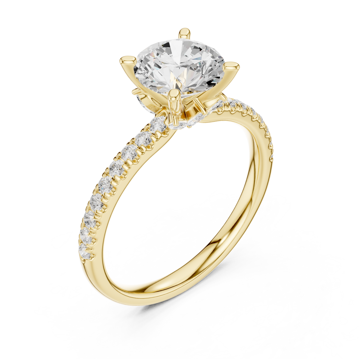 Round tulip basket pave engagement ring yellow gold angle view