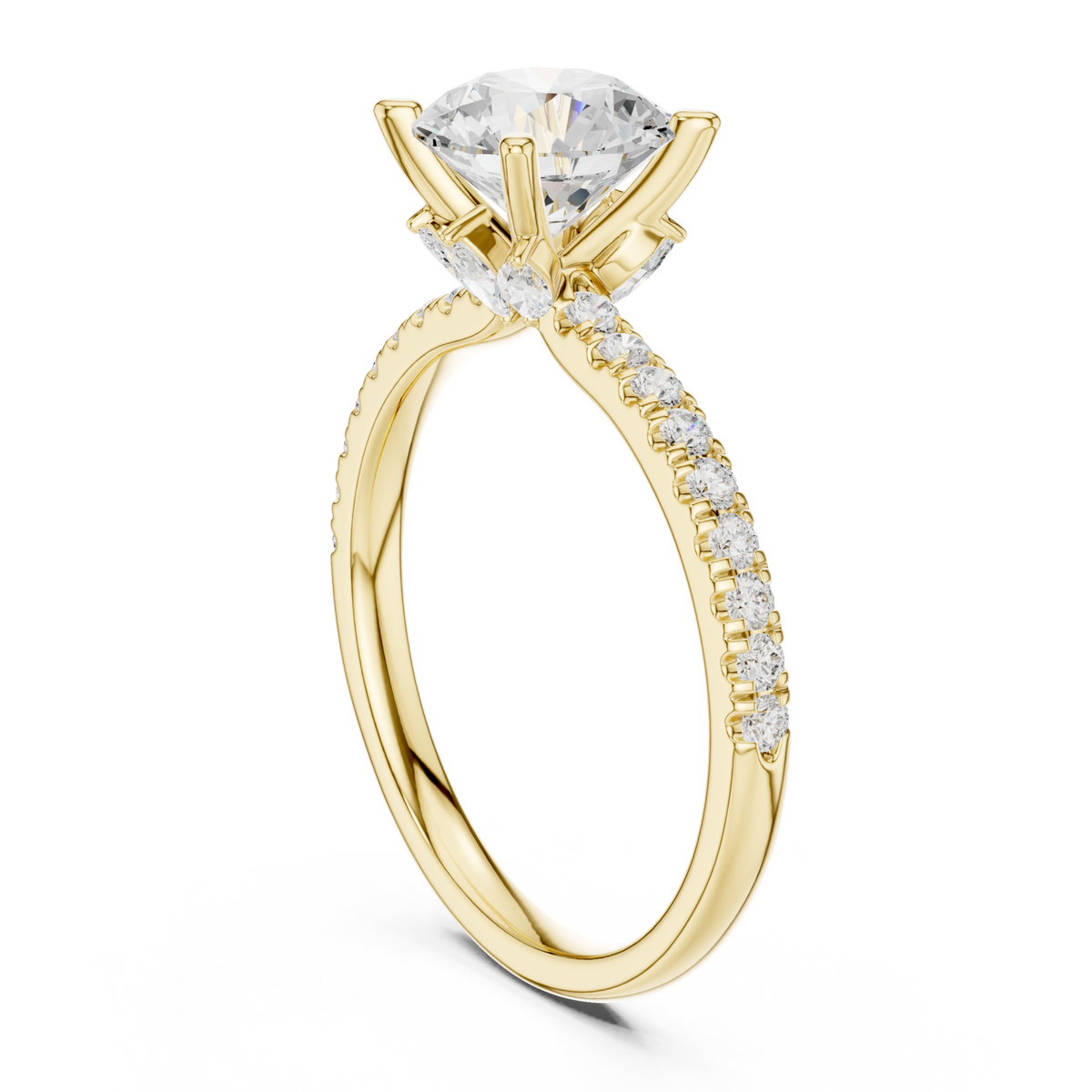 Round tulip basket pave engagement ring yellow gold front view
