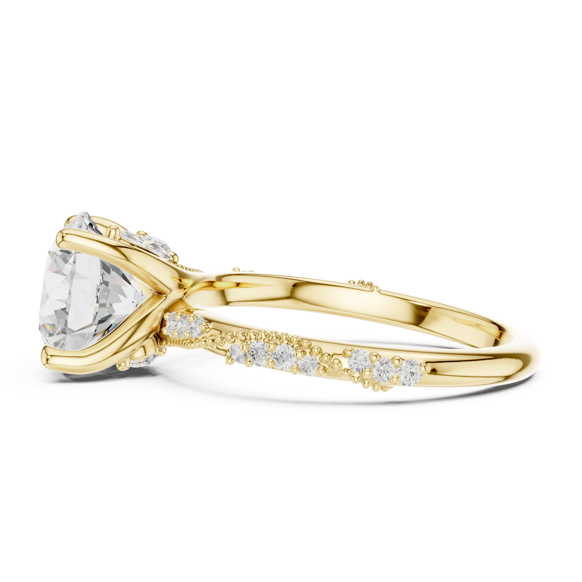 Round twist pave engagement ring yellow gold side view
