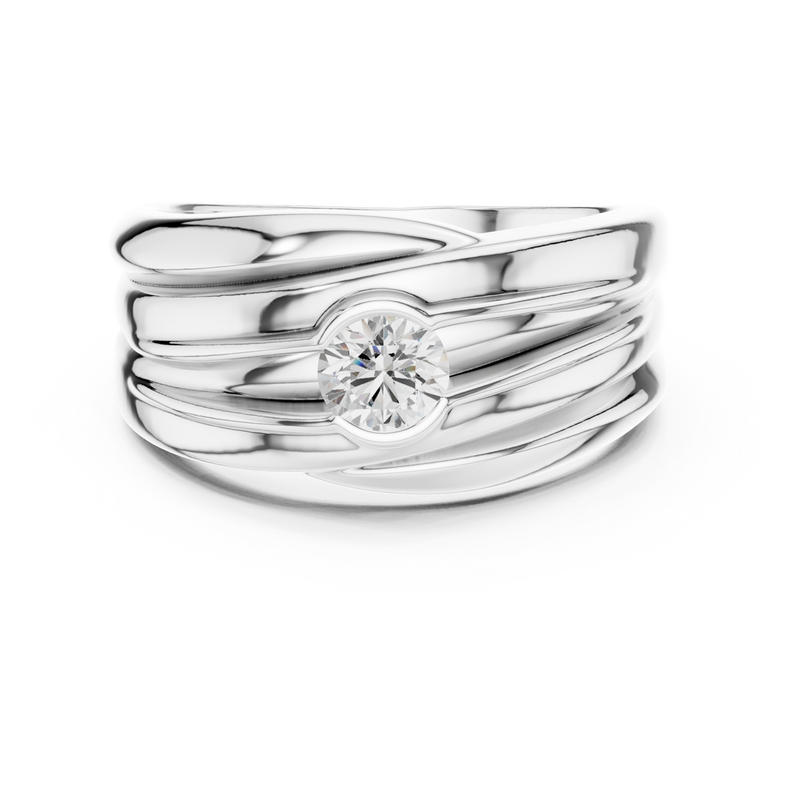  White Gold Round Twist Ridge Ring for Him Front View