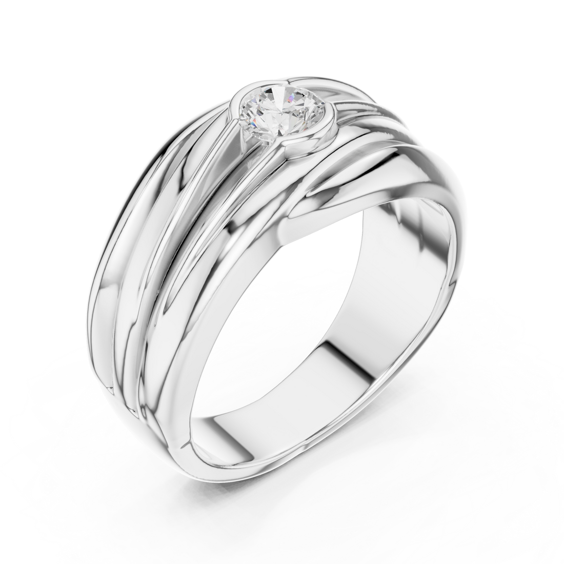  White Gold Round Twist Ridge Ring for Him Front View