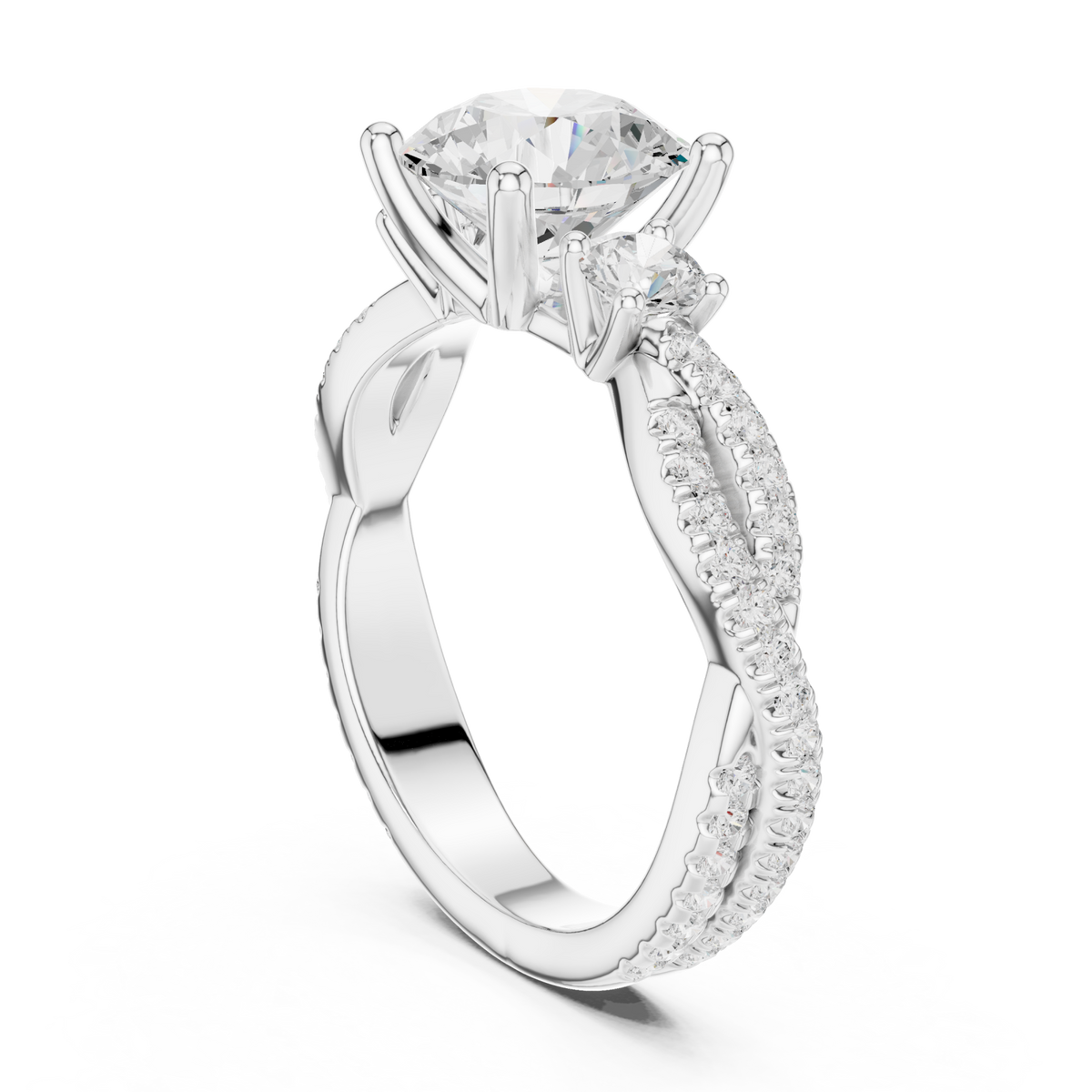 Round twist three stone engagement ring white gold front view