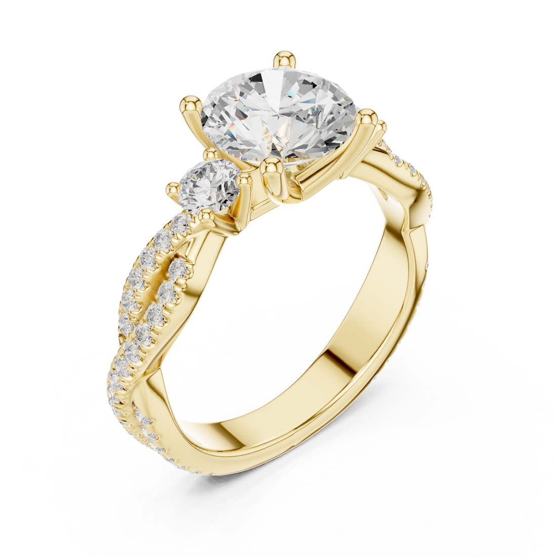 Round twist three stone engagement ring yellow gold front view