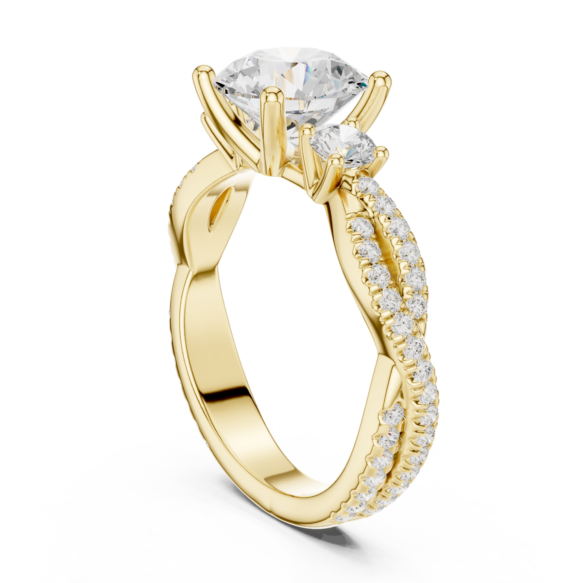 Round twist three stone engagement ring yellow gold front view
