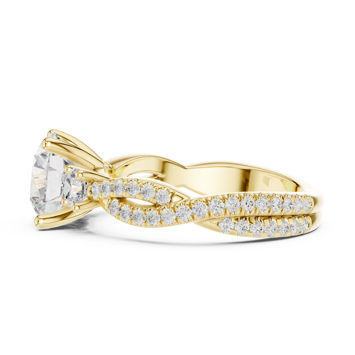 Round twist three stone engagement ring yellow gold side view