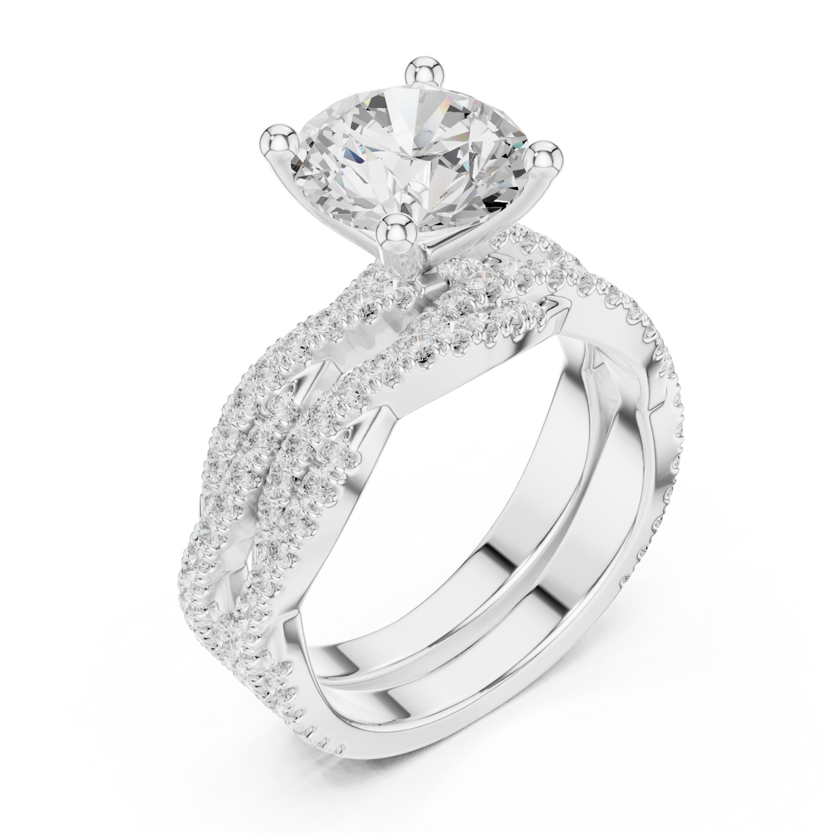 Round twisted pave bridal set white gold front view
