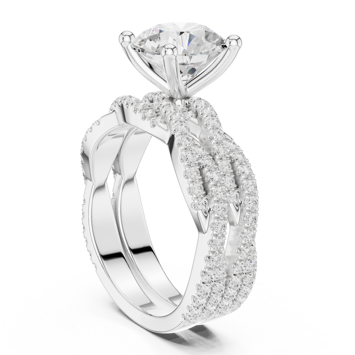 Round twisted pave bridal set white gold side view