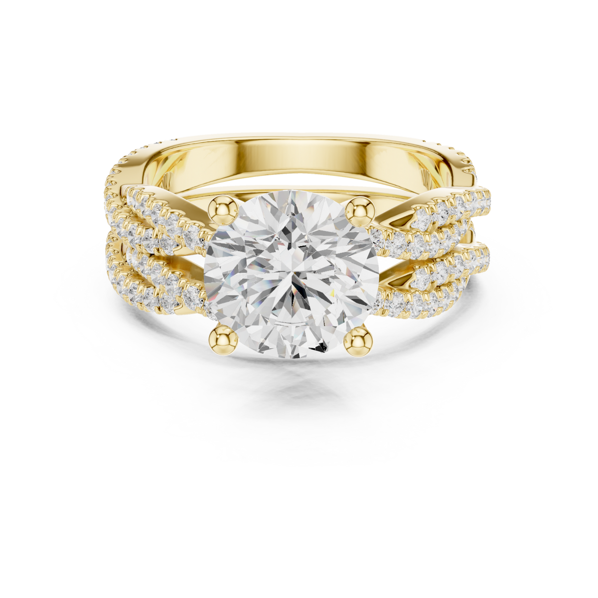Round twisted pave bridal set yellow gold detail view