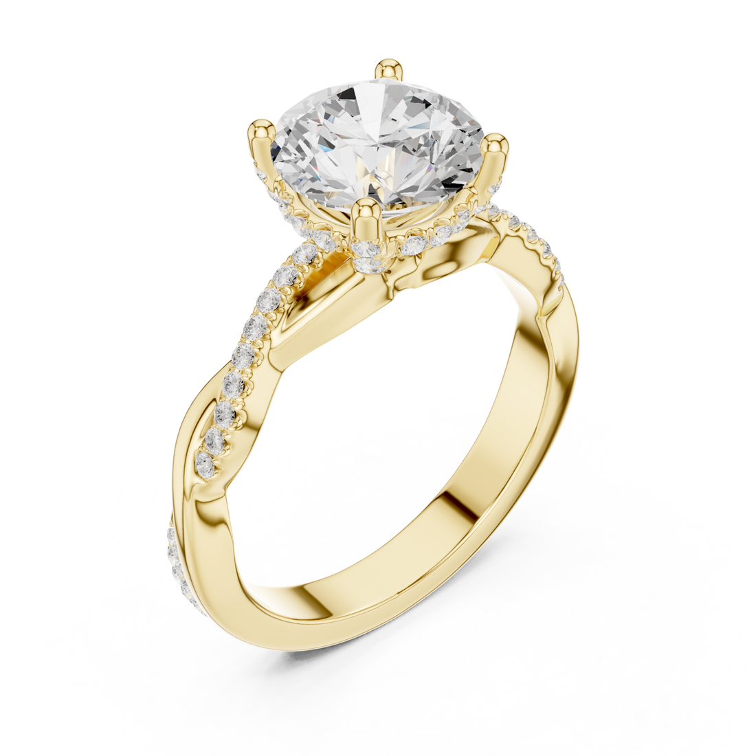 Round twisted vine pave engagement ring yellow gold front view